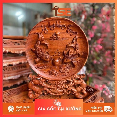 đĩa gỗ hương trang trí lý ngư vọng nguyệt